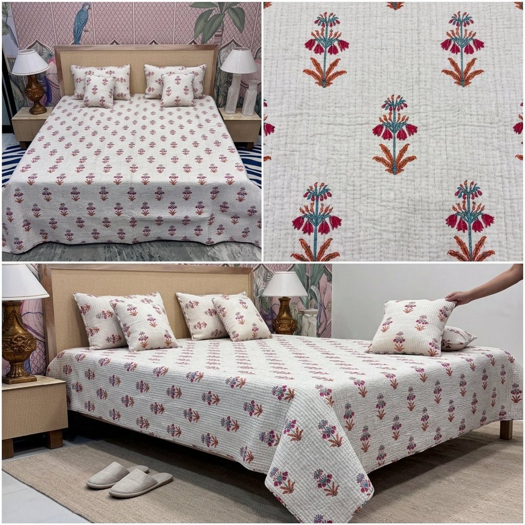 5 Piece Pure Cotton Reversible Quilted Bedcover