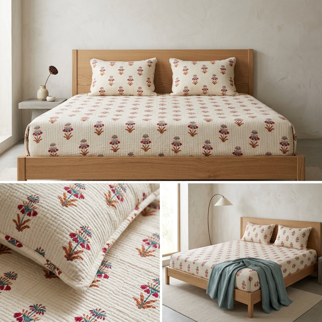 5 Piece Pure Cotton Reversible Quilted Bedcover