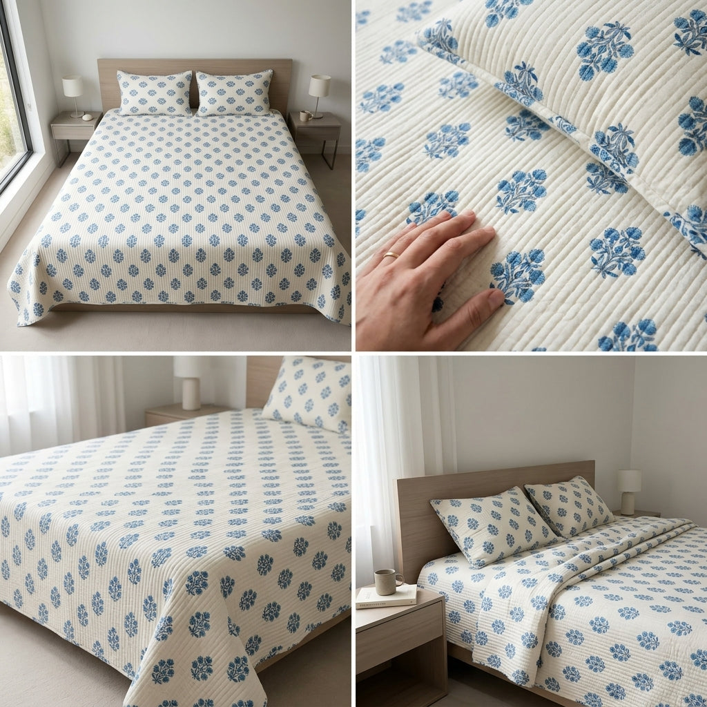 5 Piece Pure Cotton Reversible Quilted Bedcover