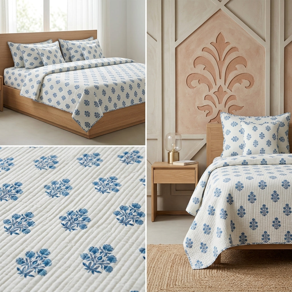 5 Piece Pure Cotton Reversible Quilted Bedcover
