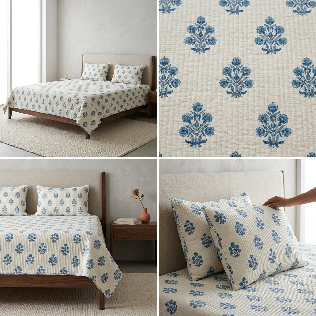 5 Piece Pure Cotton Reversible Quilted Bedcover