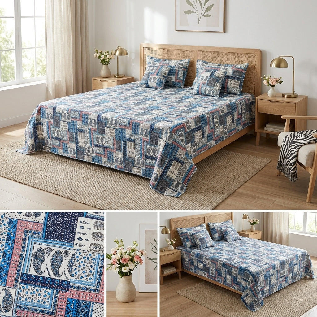 5 Piece Pure Cotton Reversible Quilted Bedcover