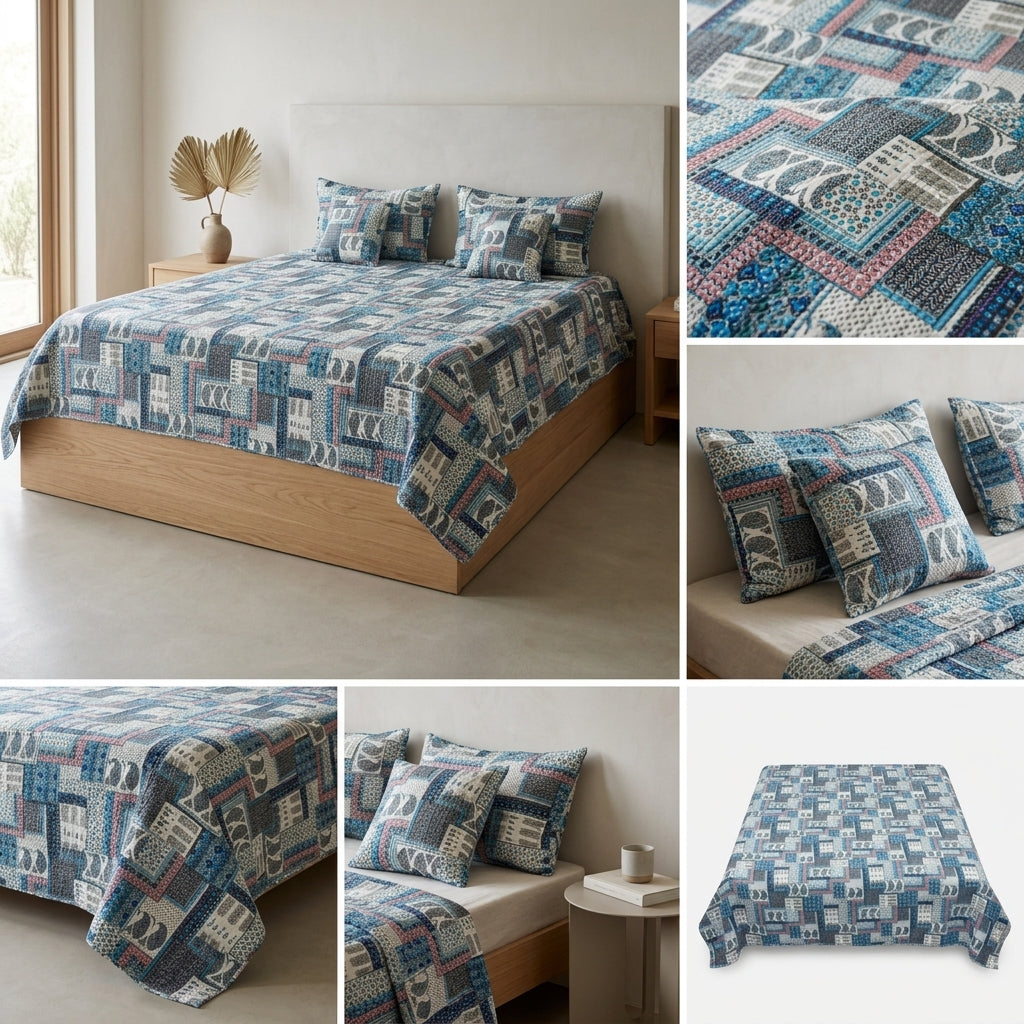 5 Piece Pure Cotton Reversible Quilted Bedcover
