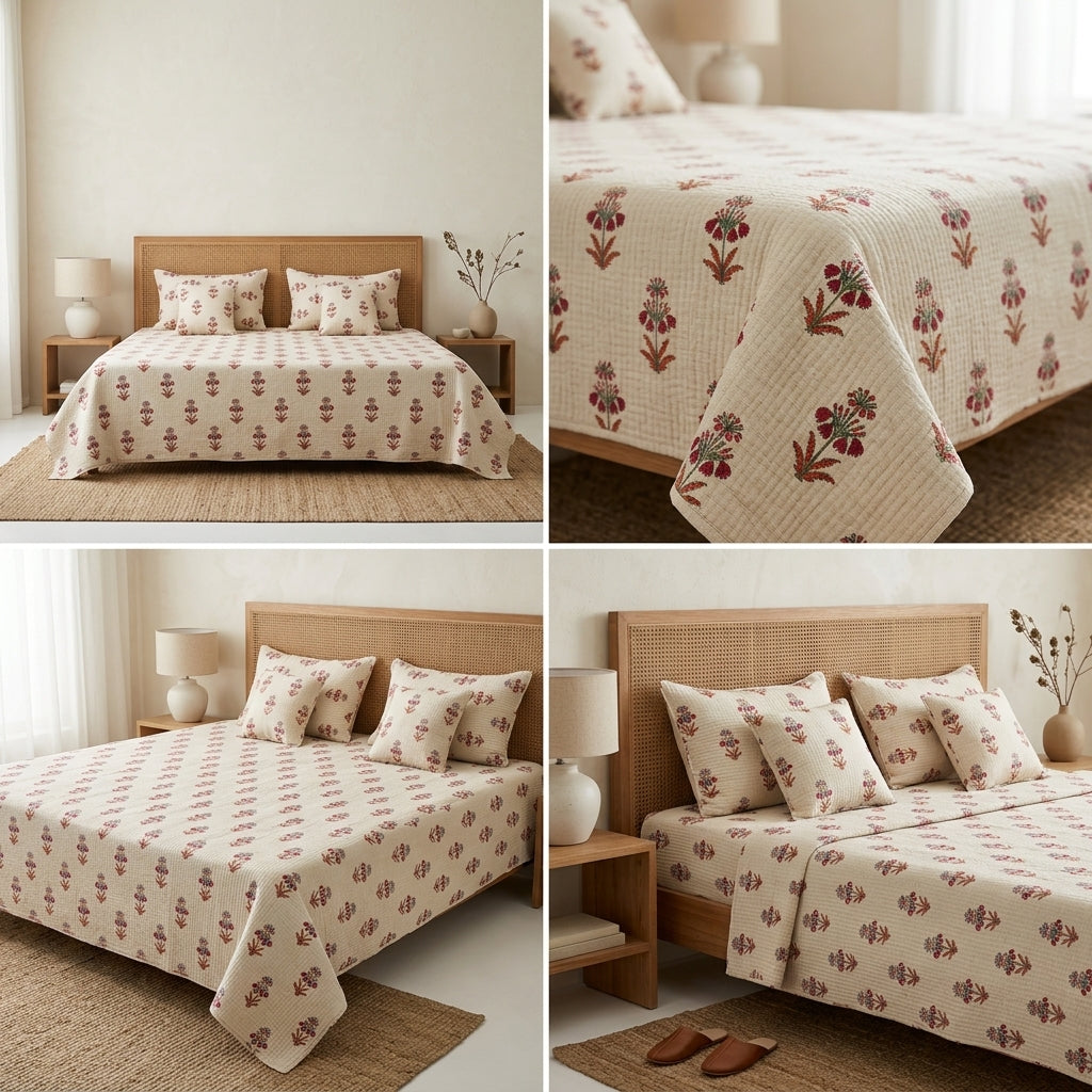 5 Piece Pure Cotton Reversible Quilted Bedcover