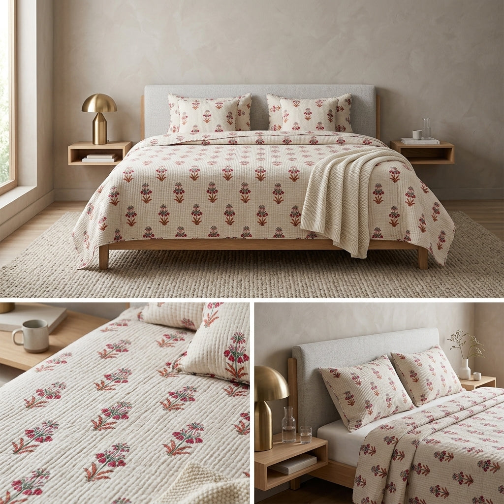 5 Piece Pure Cotton Reversible Quilted Bedcover