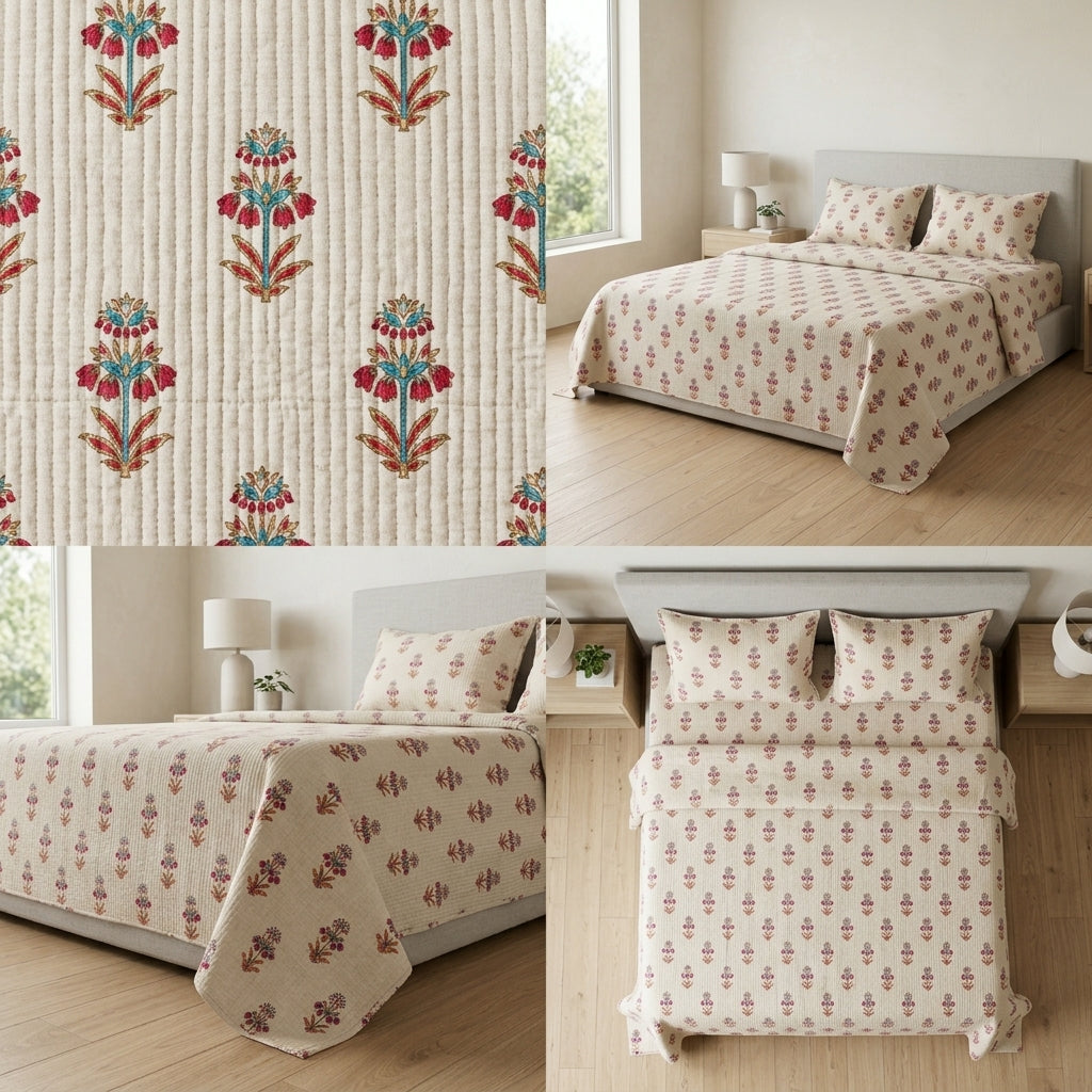 5 Piece Pure Cotton Reversible Quilted Bedcover