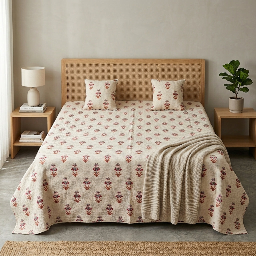 5 Piece Pure Cotton Reversible Quilted Bedcover