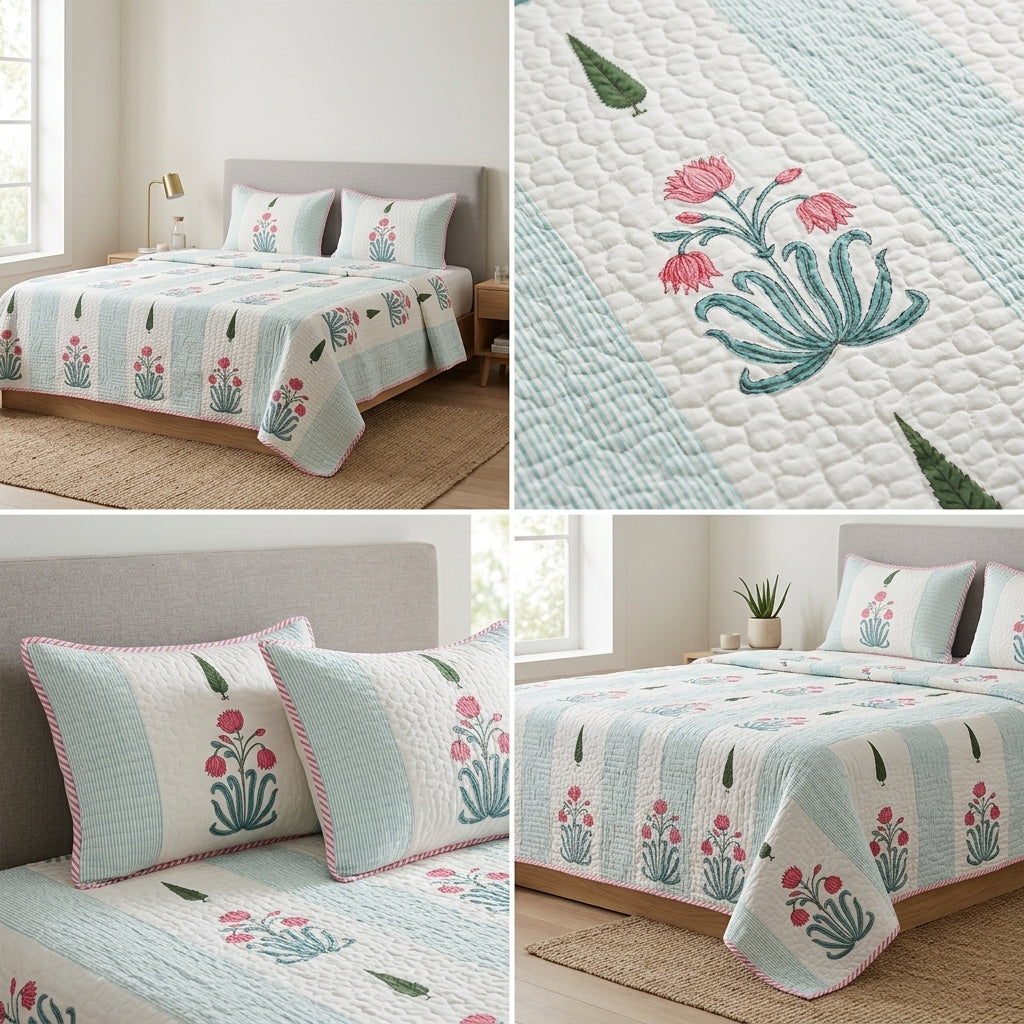 HANDBLOCK PERCALE COTTON QUILTED BEDCOVERS