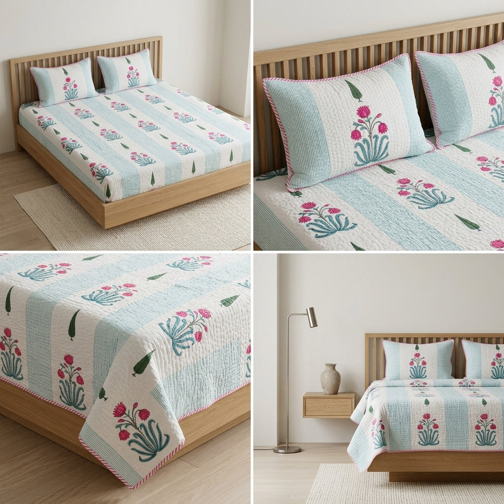 HANDBLOCK PERCALE COTTON QUILTED BEDCOVERS