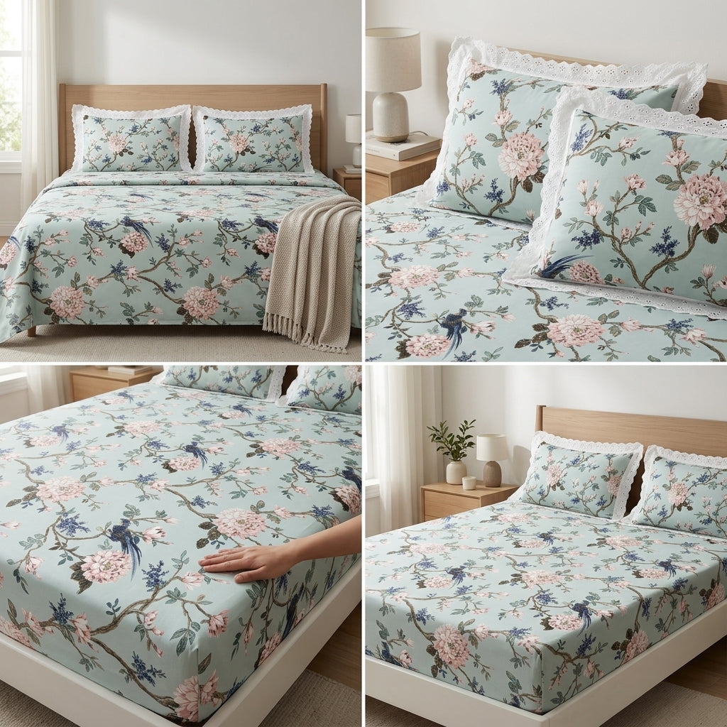 English Bedsheet With Lace Pillow Covers (108 * 108)