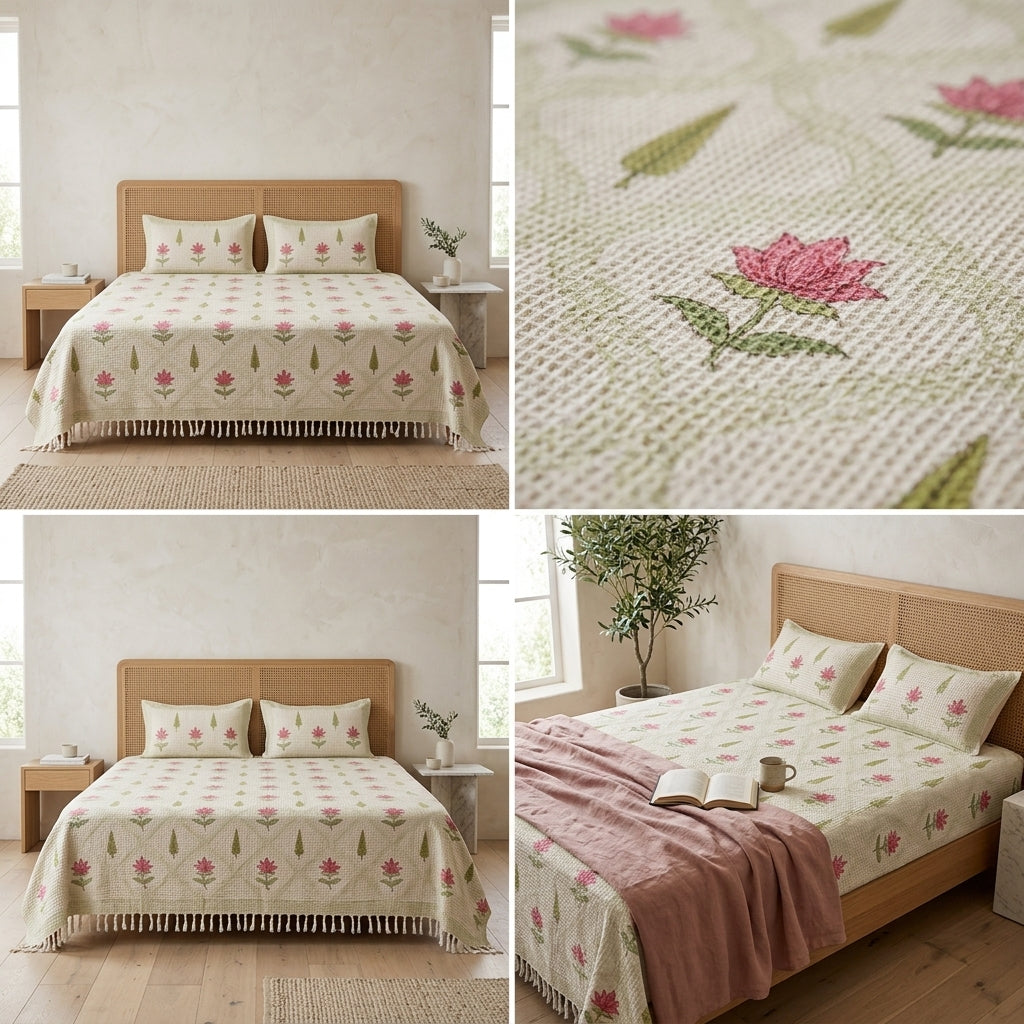Waffle Block Print Slub Cotton Bedcovers (108 * 108)
