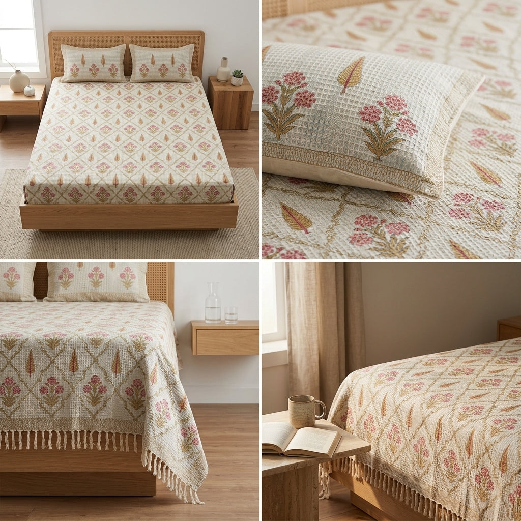 Waffle Block Print Slub Cotton Bedcovers (108 * 108)