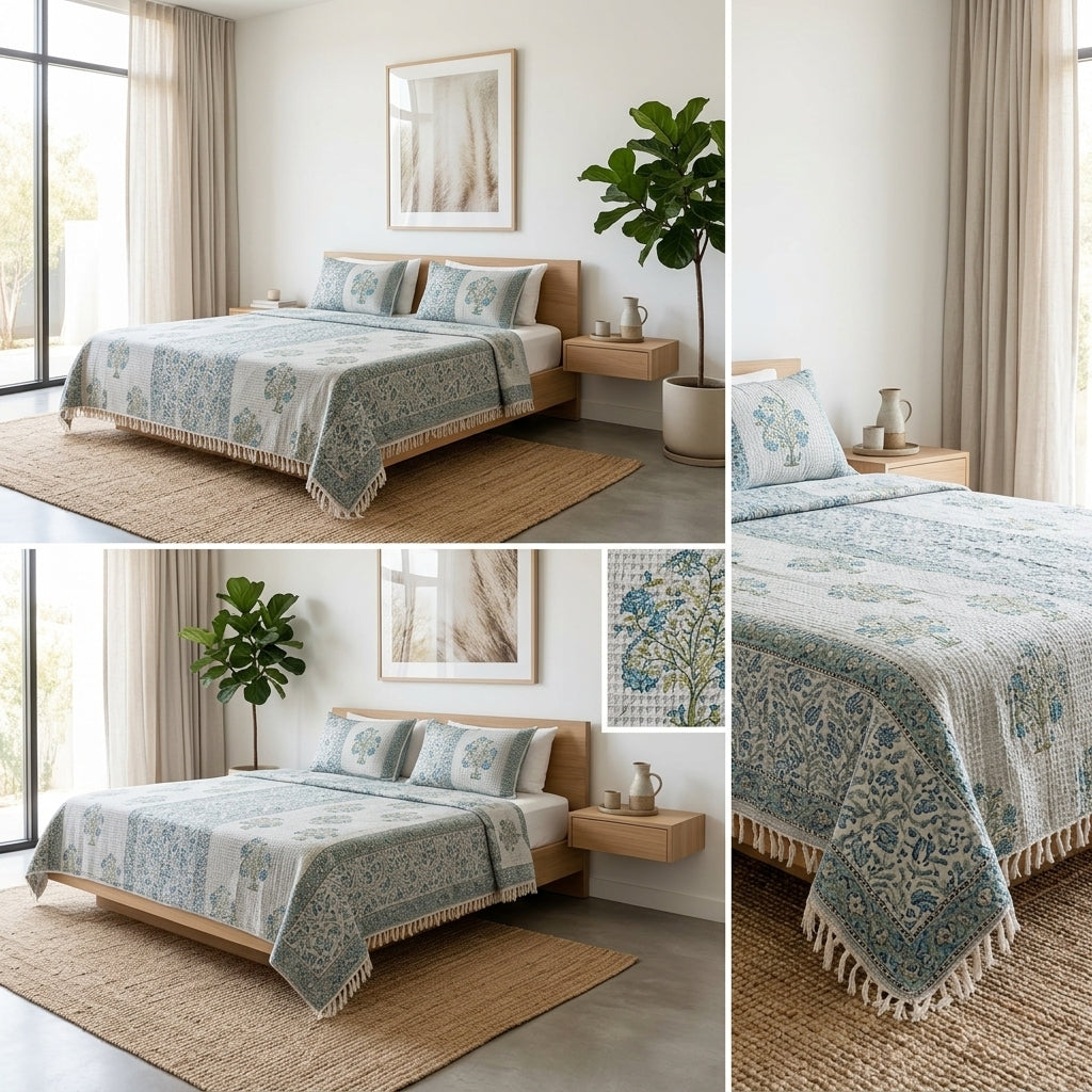 Waffle Block Print Slub Cotton Bedcovers (108 * 108)