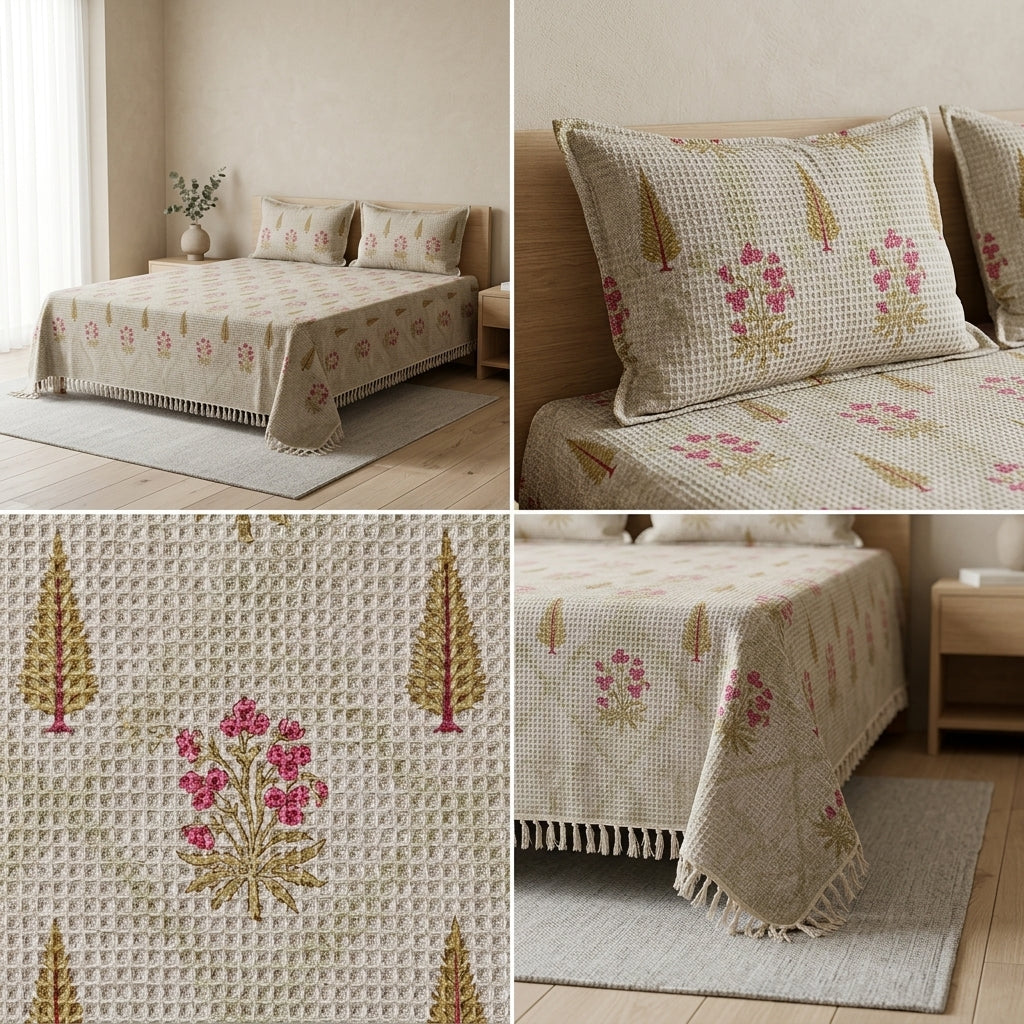 Waffle Block Print Slub Cotton Bedcovers (108 * 108)
