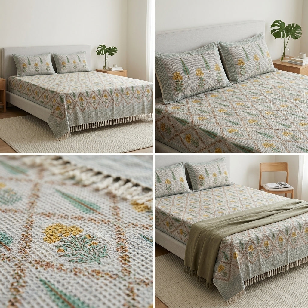 Waffle Block Print Slub Cotton Bedcovers (108 * 108)