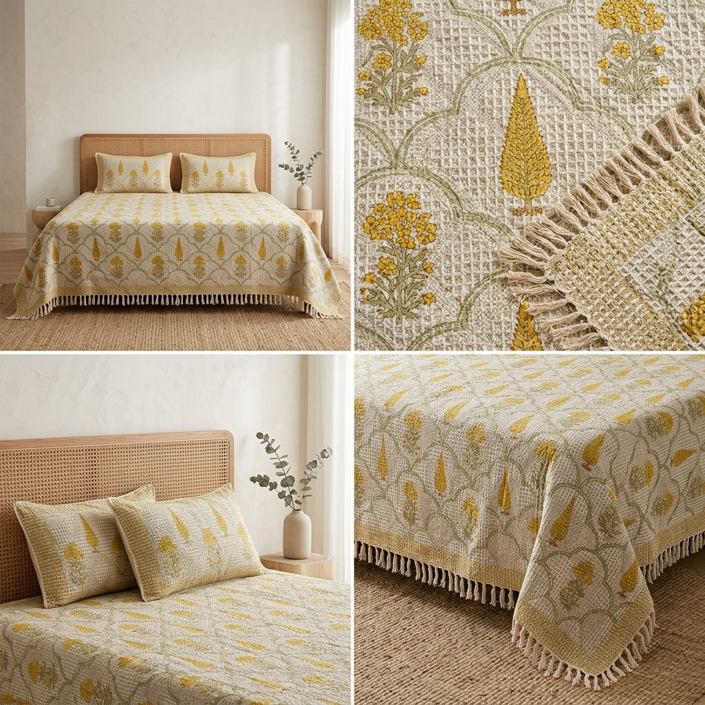 Waffle Block Print Slub Cotton Bedcovers (108 * 108)