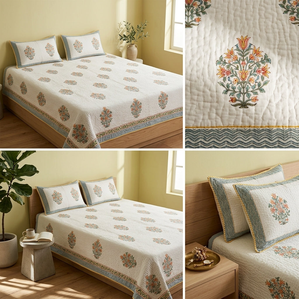 HANDBLOCK PERCALE COTTON QUILTED BEDCOVERS