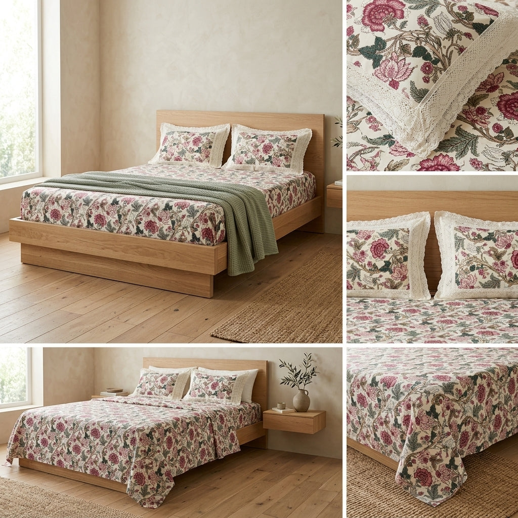 English Bedsheet With Lace Pillow Covers (108 * 108)