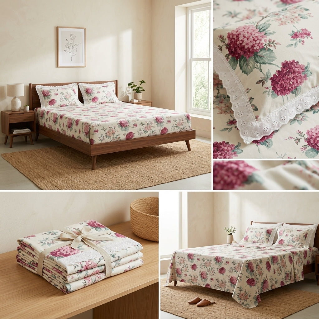 English Bedsheet With Lace Pillow Covers (108 * 108)