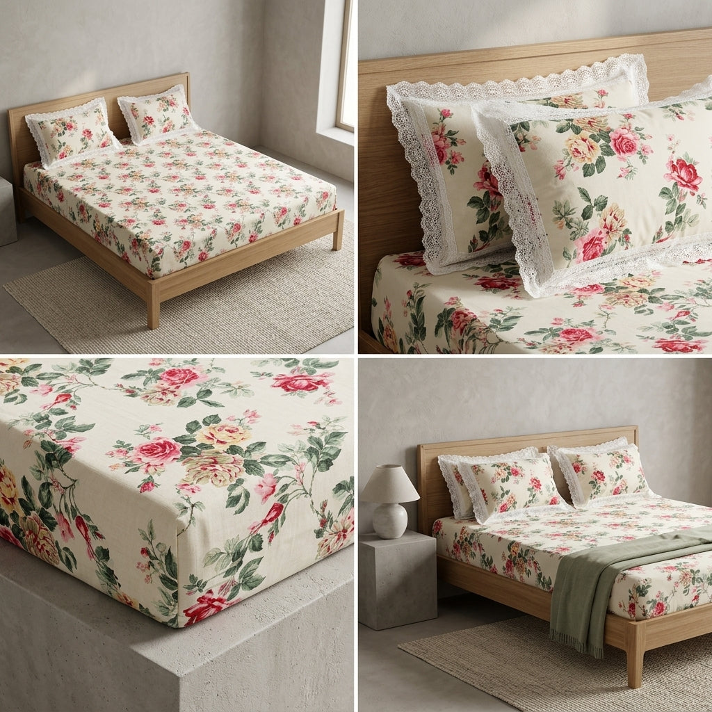 English Bedsheet With Lace Pillow Covers (108 * 108)