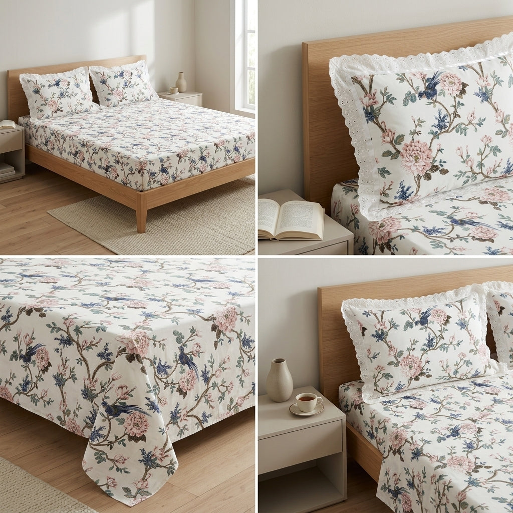 English Bedsheet With Lace Pillow Covers (108 * 108)