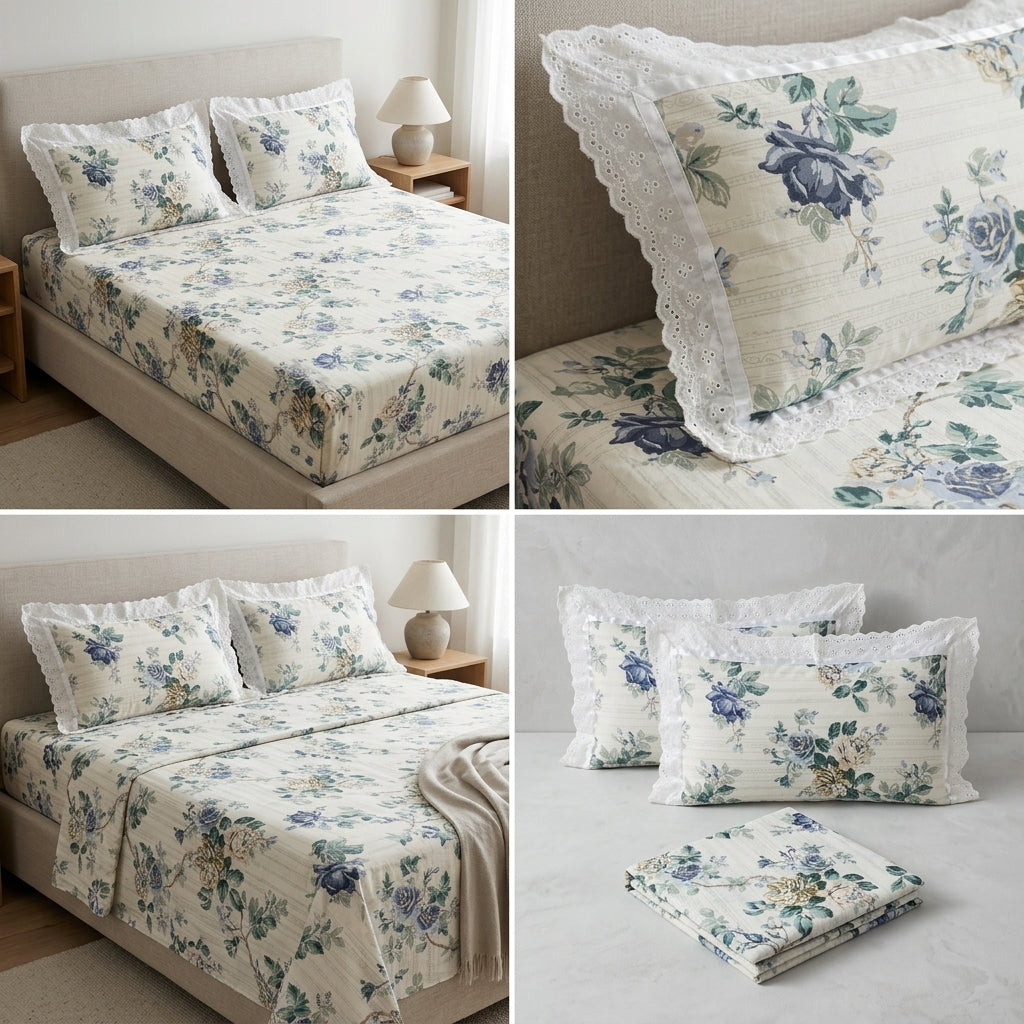 English Bedsheet With Lace Pillow Covers (108 * 108)
