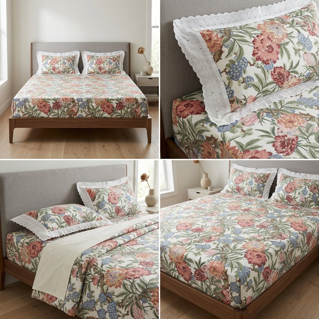 English Bedsheet With Lace Pillow Covers (108 * 108)
