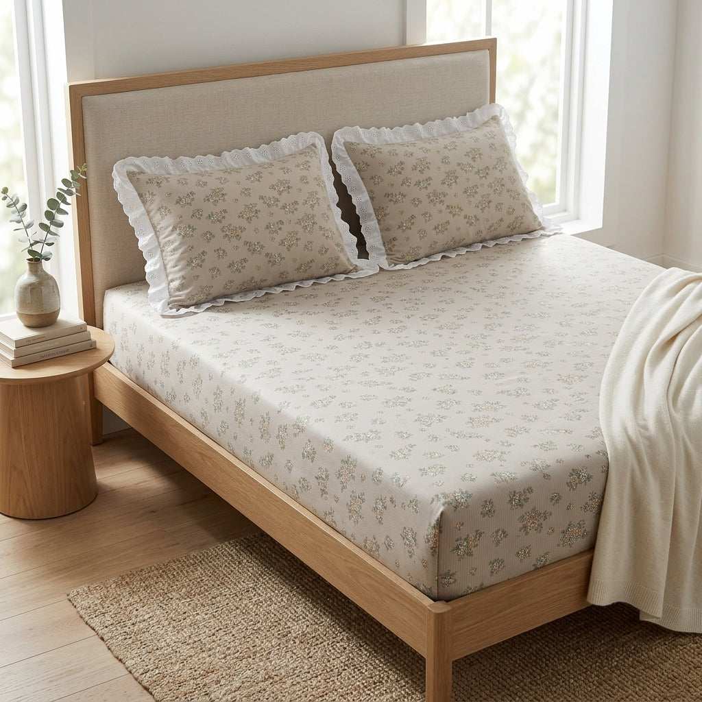 Mul Cotton Bedsheet With Chicken Lace Pillow Covers 108 -108 inch