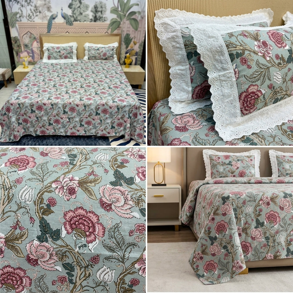 English Bedsheet With Lace Pillow Covers (108 * 108)