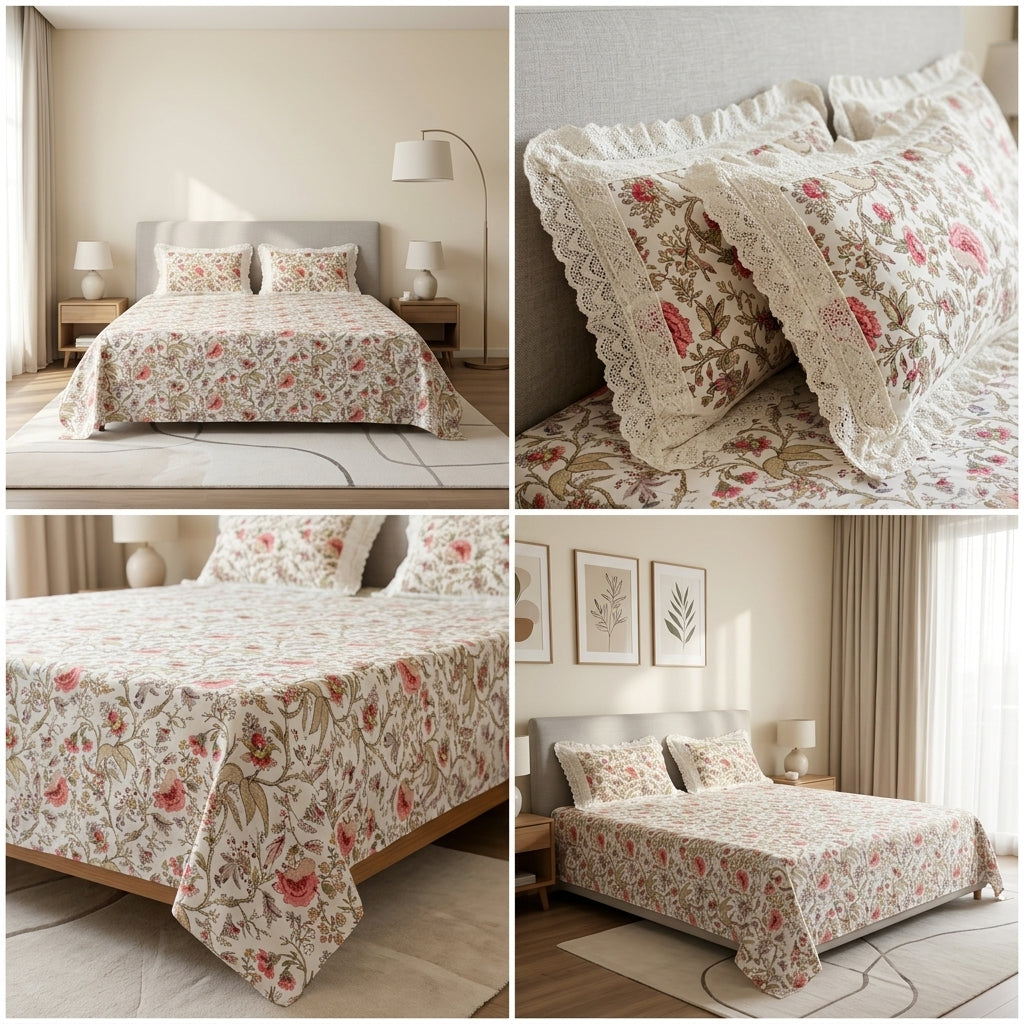 English Bedsheet With Lace Pillow Covers (108 * 108)