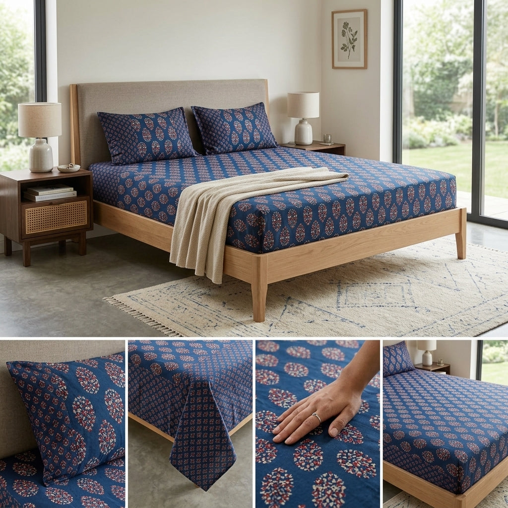 Kolkatta Premium King Size Bedsheet – Dual Motif Prints (108 x 108 inches)
