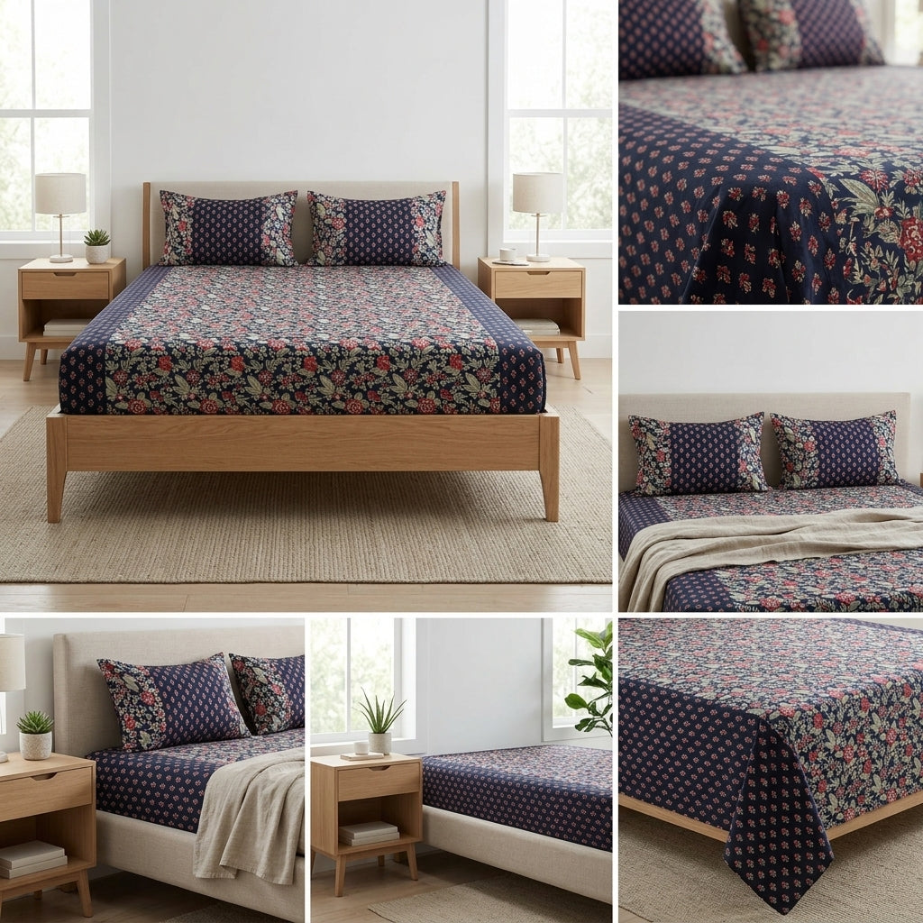 Kolkatta Premium King Size Bedsheet – Dual Motif Prints (108 x 108 inches)