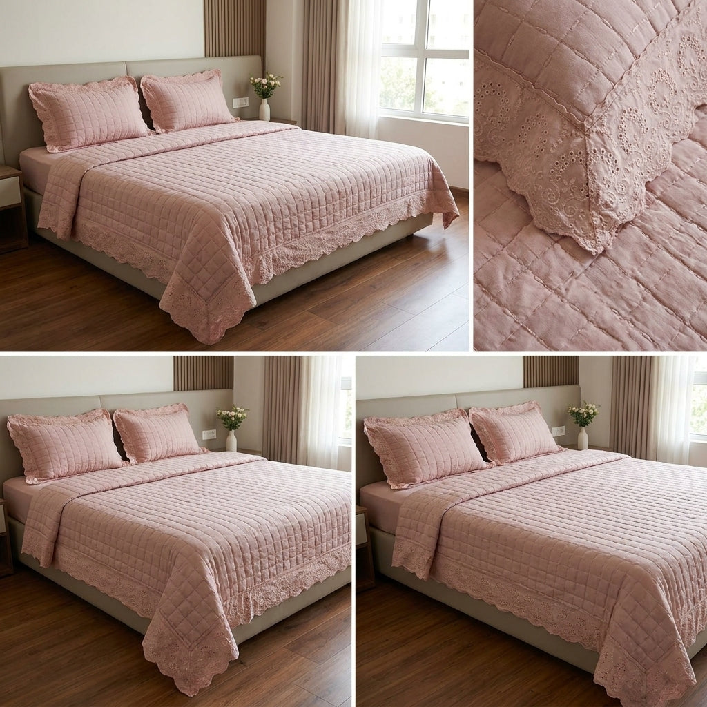 Chicken Lace Quilted Bedcover Set – 3 Piece (King Size 100 × 108 Inches)