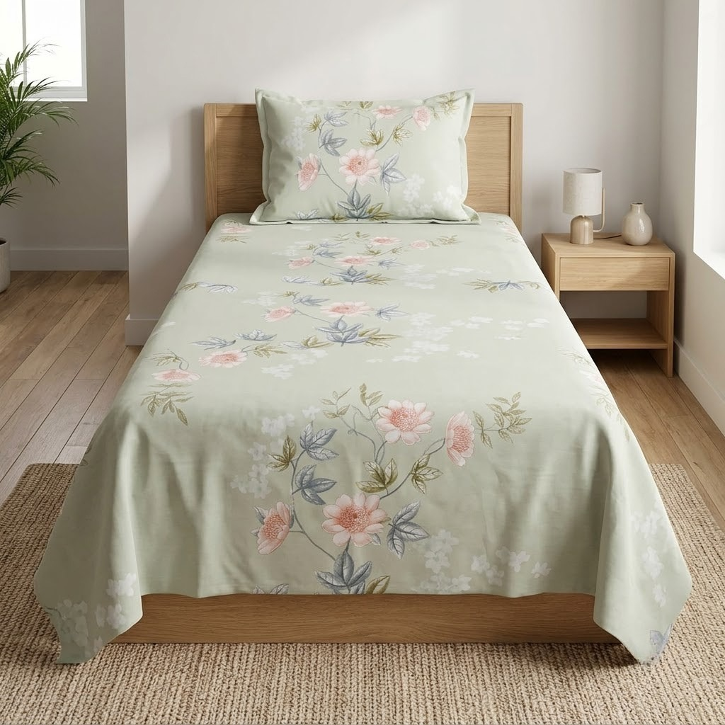Printed Single Bedsheet Set – 2 Pcs (1 Bedsheet + 1 Pillow Cover) 100 % Pure Cotton