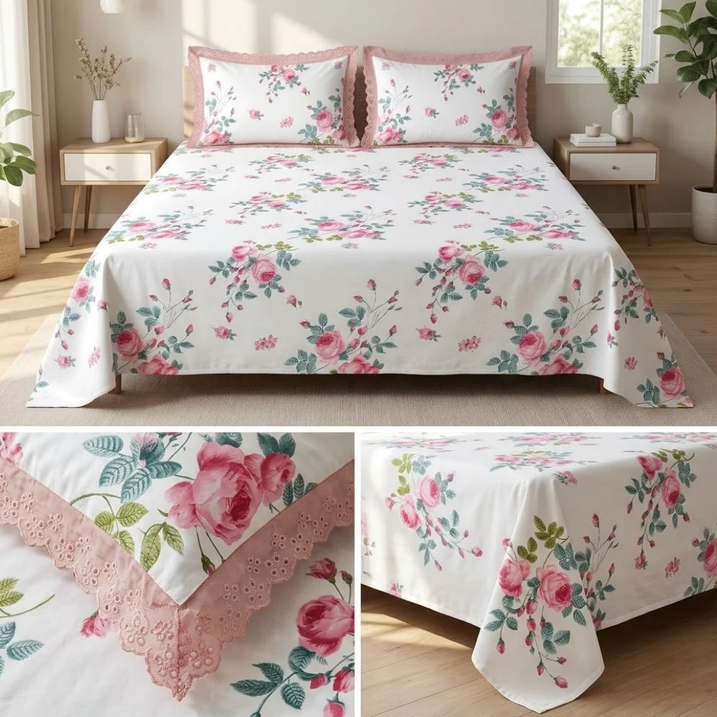 Vintage Bloom Fitted Bedsheet Set with Lace Pillow Covers – King Size 3 Pcs Product Code :- 55B135RKEH