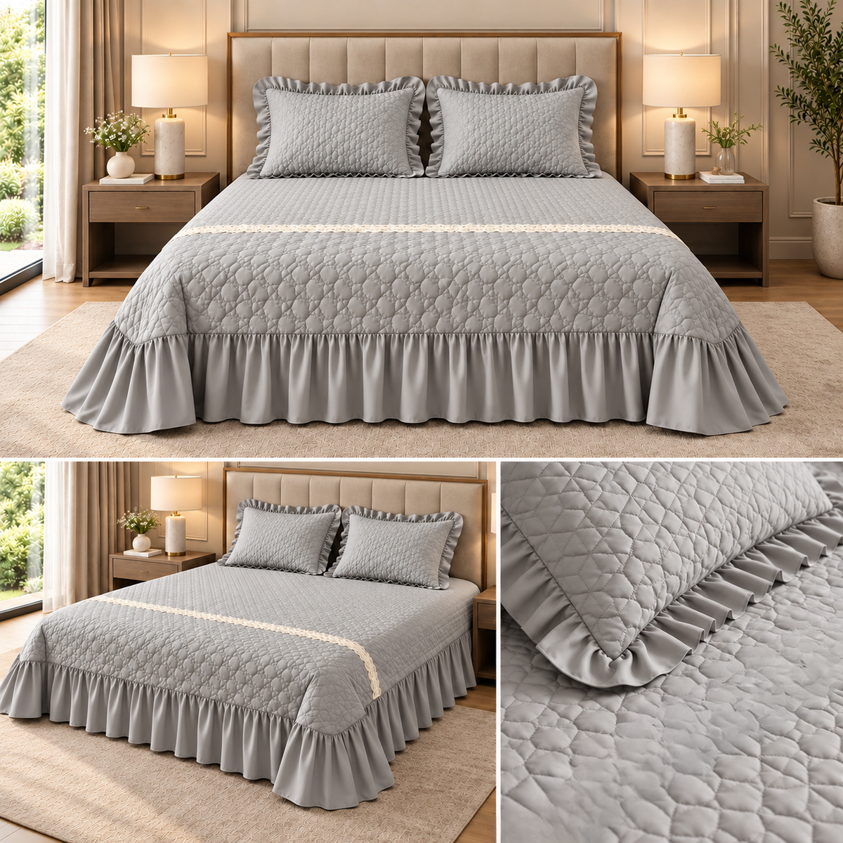 Serene Ruffle Luxe Quilted Bedcover Set – 3 Pcs King Size Product Code :- 55B185RKEH