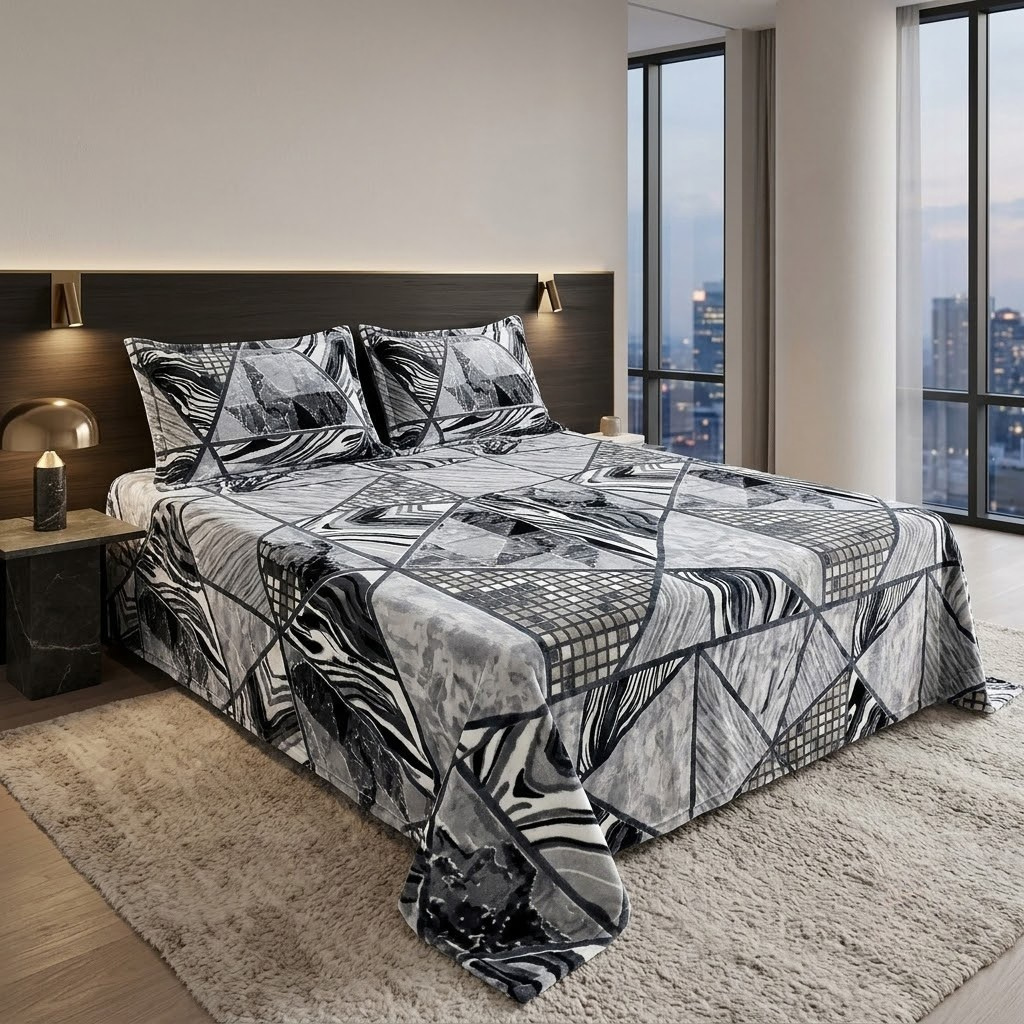 Mist Luxe Winter Bedsheet Set – 3 Pcs | Ultra-Soft Plush Printed Bedsheet with 2 Pillow Covers