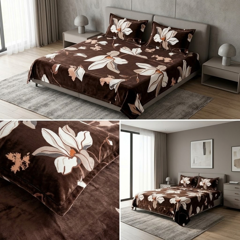 Mist Luxe Winter Bedsheet Set – 3 Pcs | Ultra-Soft Plush Printed Bedsheet with 2 Pillow Covers