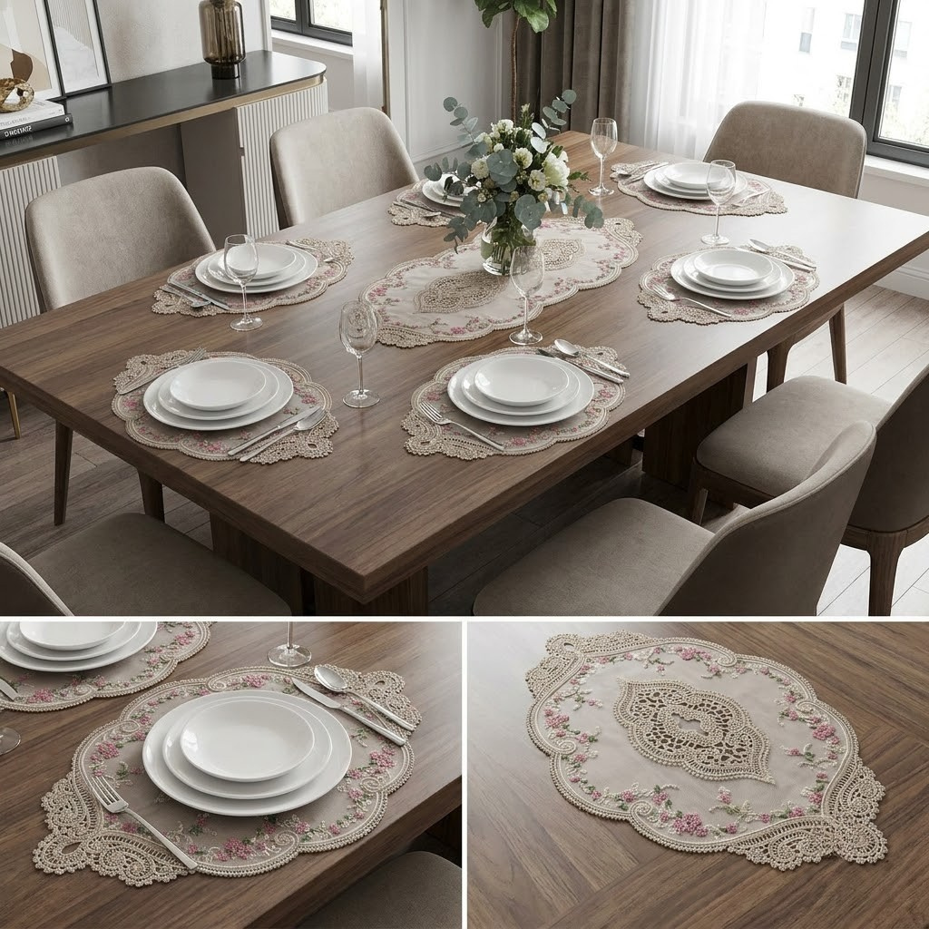 🌸 Premium Turkish Lace Table Mats Set | 3-Piece Luxury Dining Collection