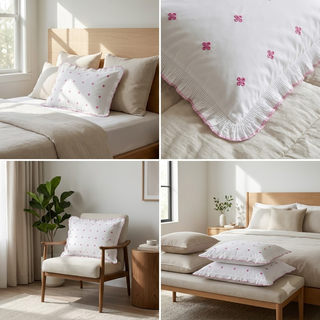 Luxury Embroidered Frill Pillow Cover Pair – Premium Floral Collection
