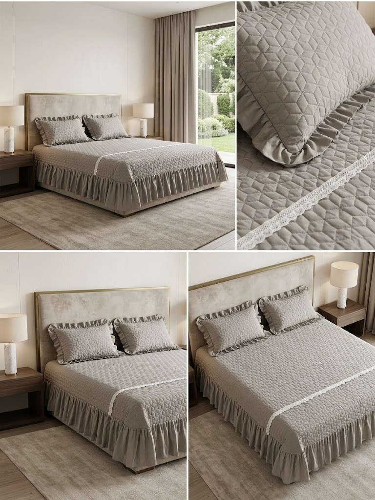 Serene Ruffle Luxe Quilted Bedcover Set – 3 Pcs King Size