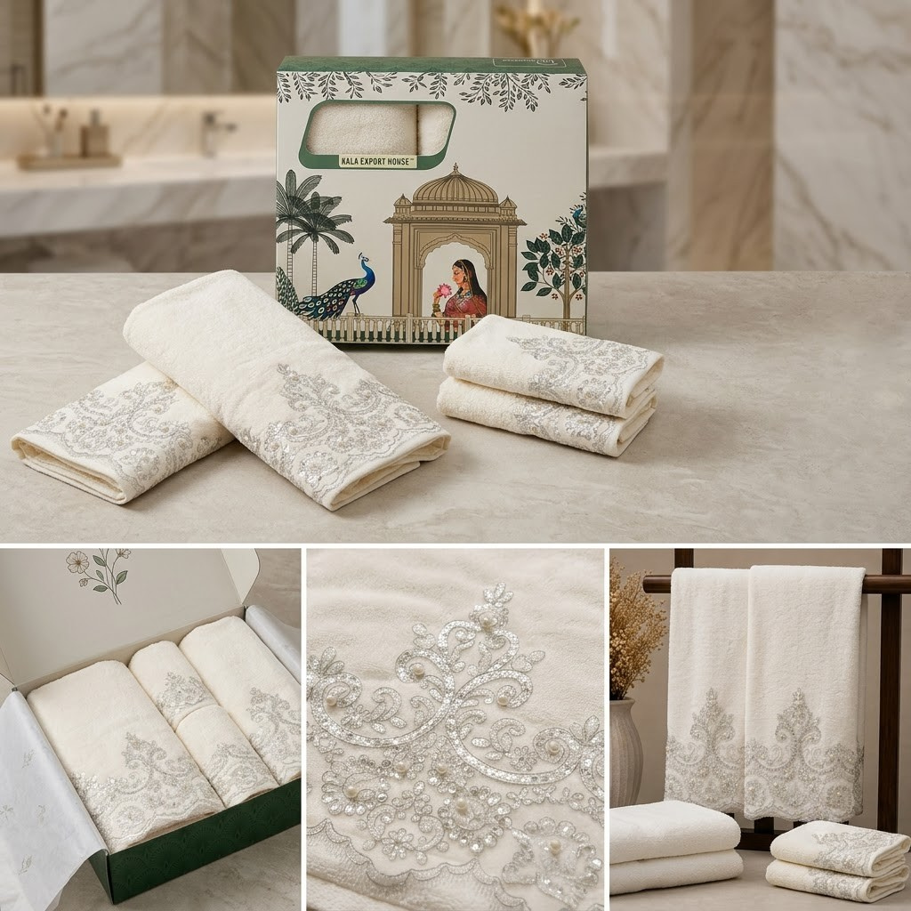 Premium Wedding Towel Set of 4 – Designer Embroidered Bath & Hand Towels | Product Code :- 55B155RKEH
