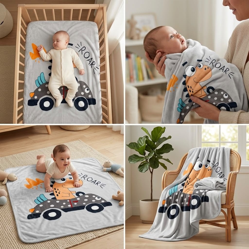 Plush Baby Blanket – 110 × 140 cm | Cute Cartoon Designs