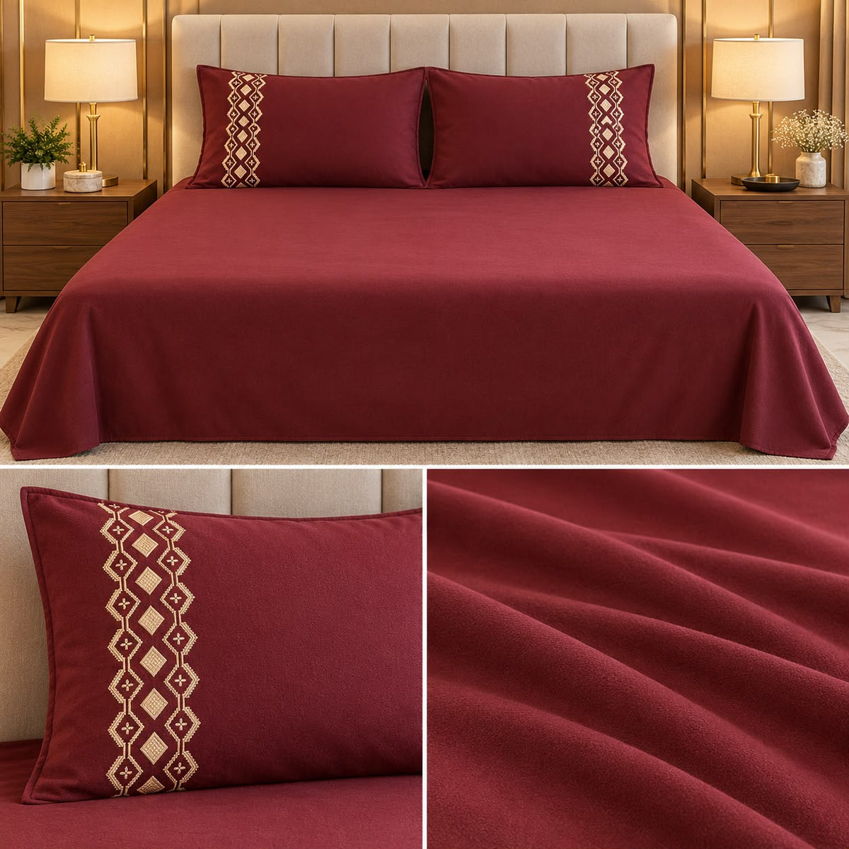 Embroidered Winter Bedsheet Set – King Size 3 Pcs | Ultra Soft Luxury Bedsheet with Designer Pillow Covers