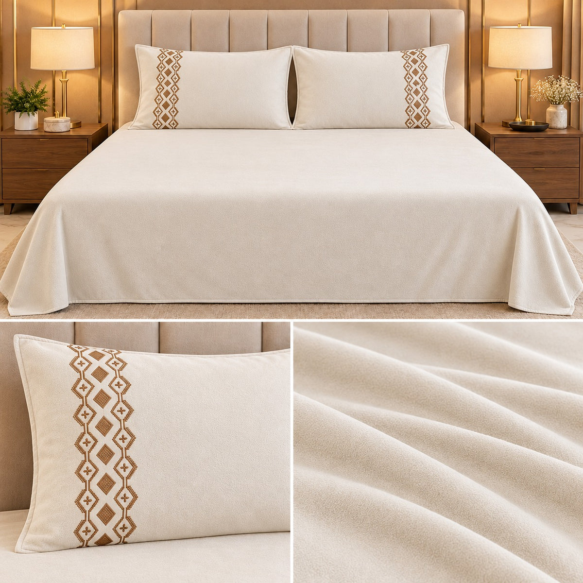 Embroidered Winter Bedsheet Set – King Size 3 Pcs | Ultra Soft Luxury Bedsheet with Designer Pillow Covers