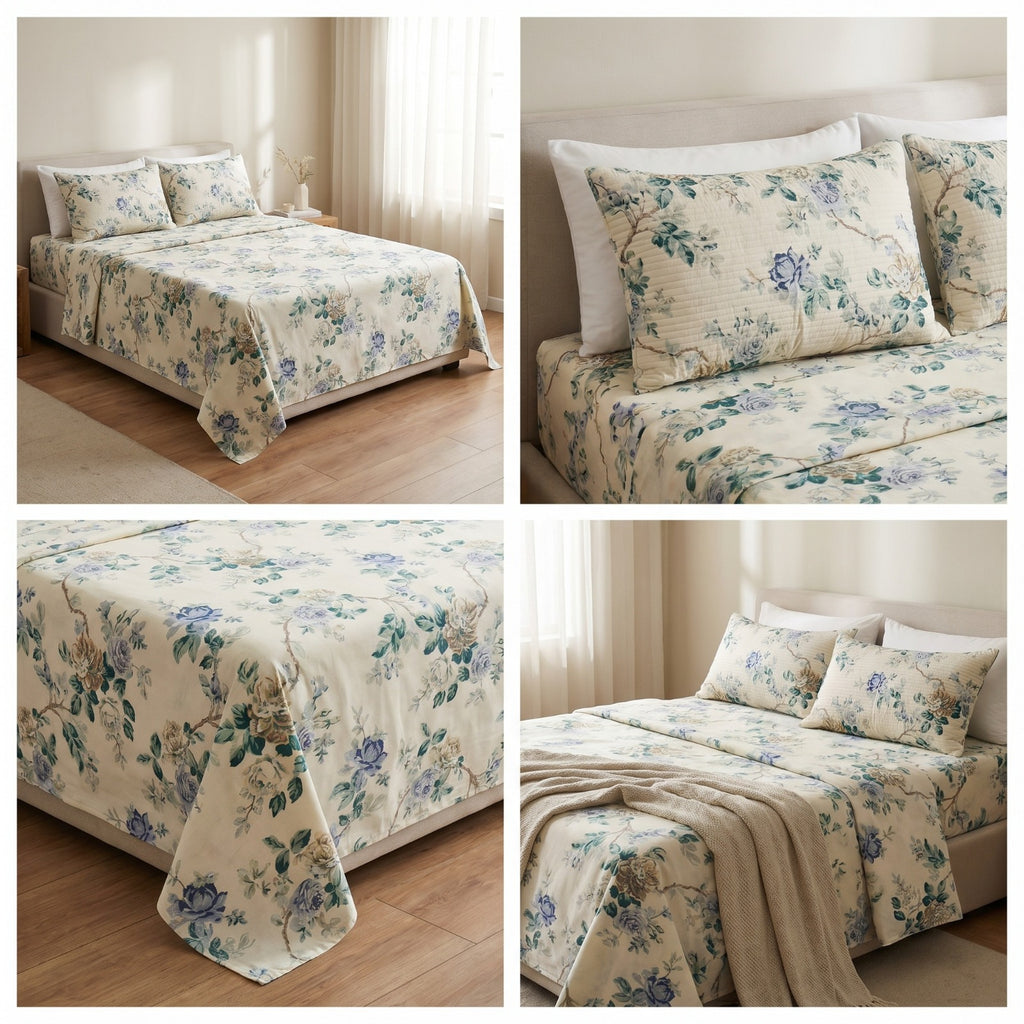 Premium Pure Cotton Bedsheet 90 × 108 Inches (7*9 Feet) Quilted Pillow Covers