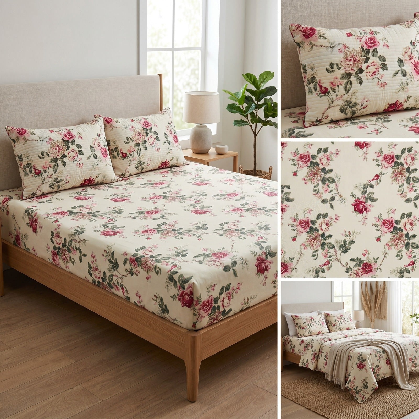 Premium Pure Cotton Bedsheet 90 × 108 Inches (7*9 Feet) Quilted Pillow Covers