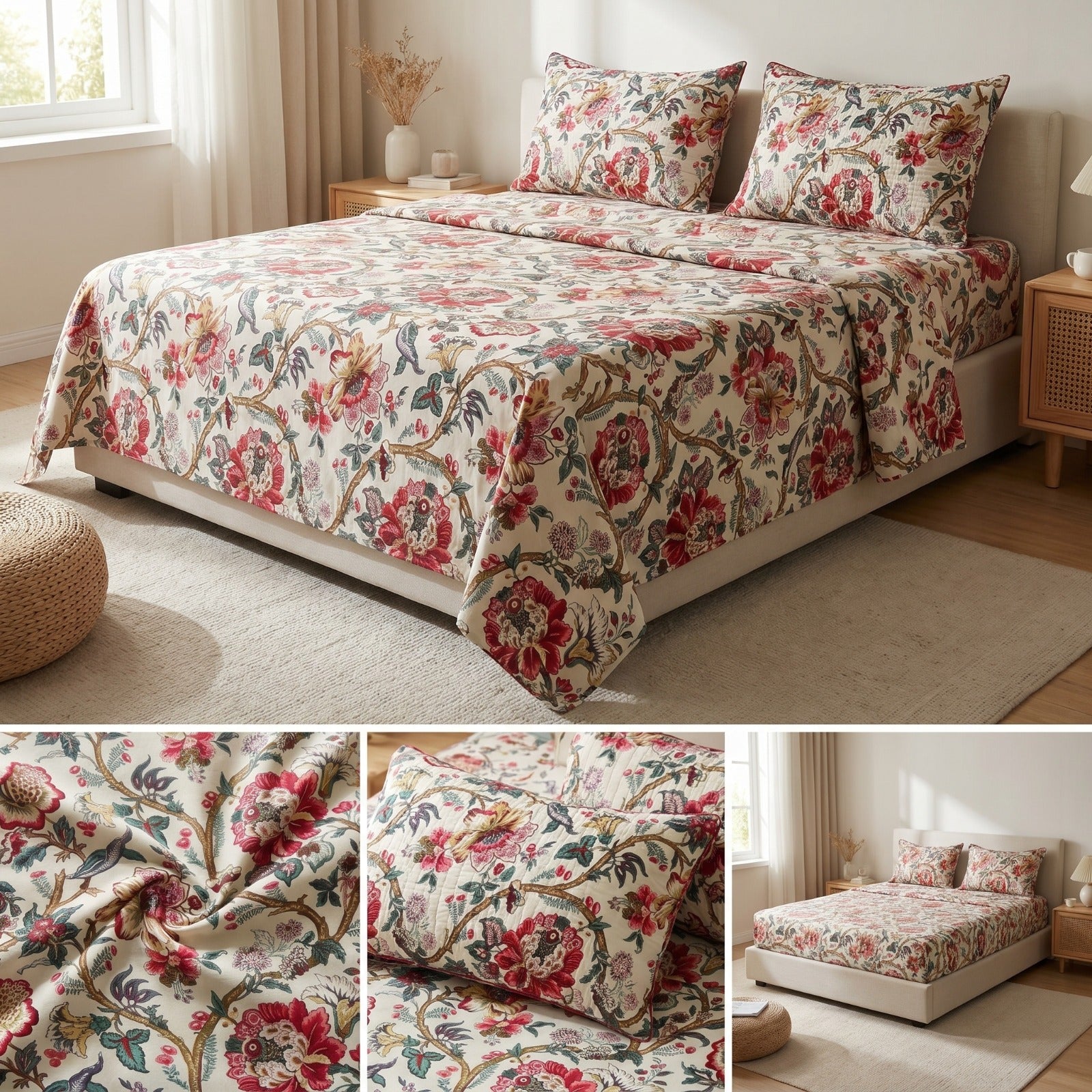 Premium Pure Cotton Bedsheet 90 × 108 Inches (7*9 Feet) Quilted Pillow Covers