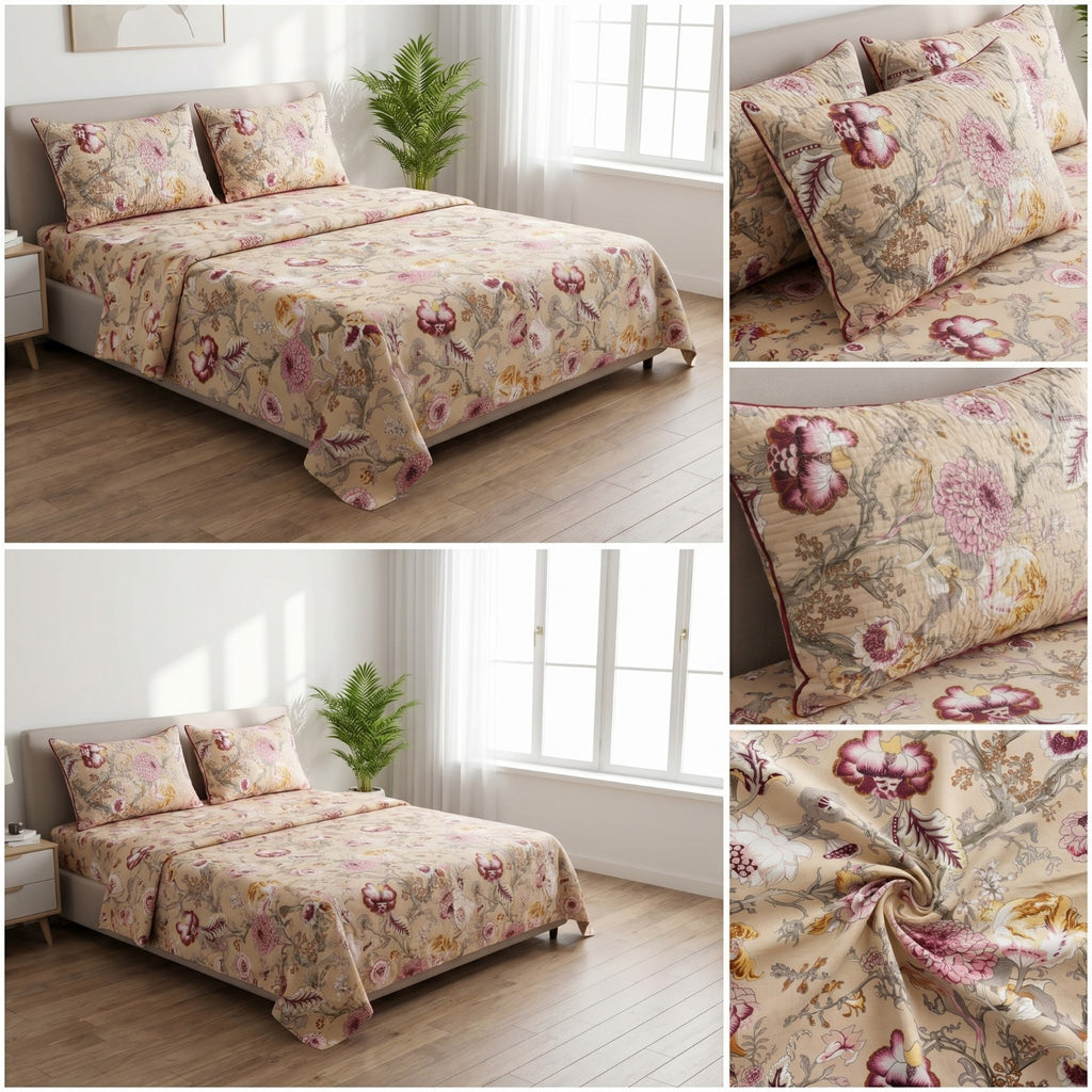 Premium Pure Cotton Bedsheet 90 × 108 Inches (7*9 Feet) Quilted Pillow Covers
