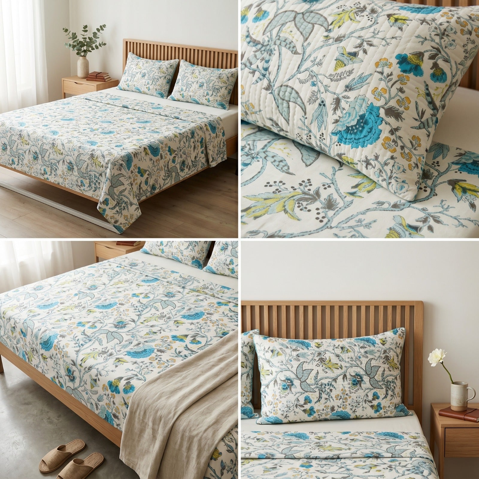 Premium Pure Cotton Bedsheet 90 × 108 Inches (7*9 Feet) Quilted Pillow Covers